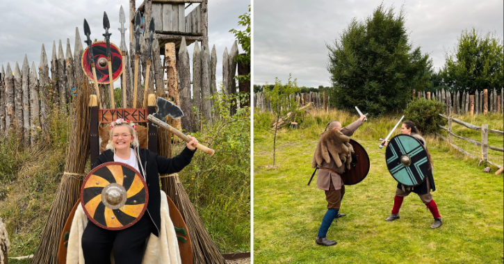 View of the Viking Village at Kynren, including woman posing on throne and two vikings fighting